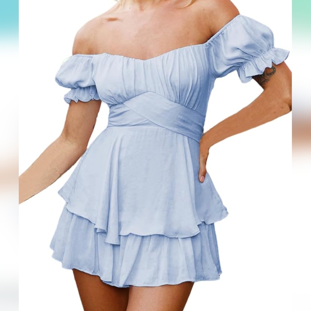 Blue Off The Shoulder Ruffle Romper - Picture 3 of 4